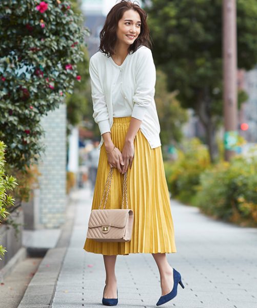 ANEWイエロープリーツスカート インナーパンツ フェイクスエード